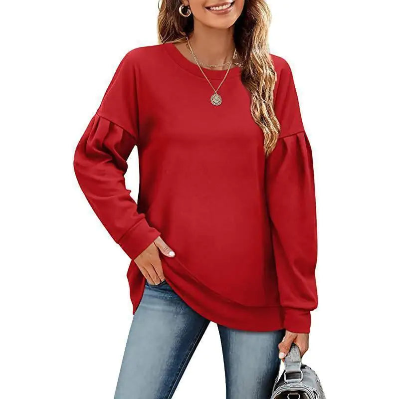 Solid Color Women's Sweatshirt with Round Neck Design