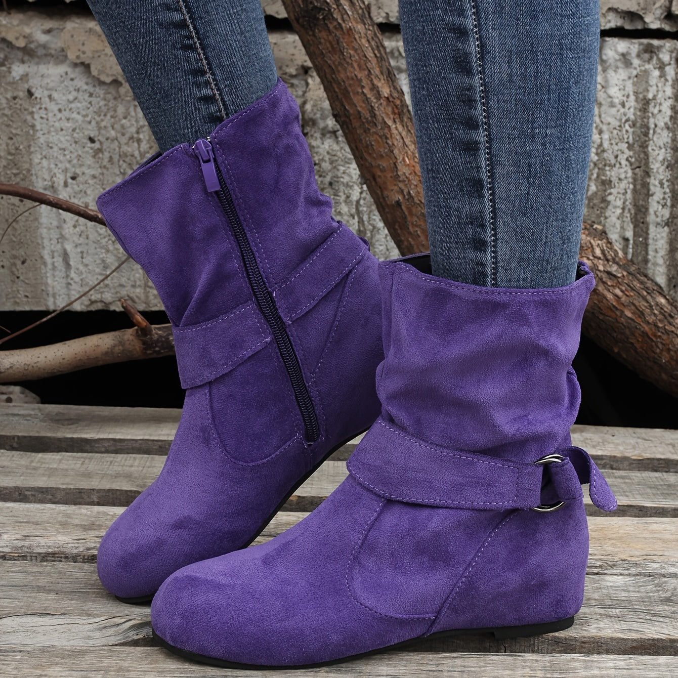 Ankle Boots Round Toe Buckle Belt Side Zipper Boots