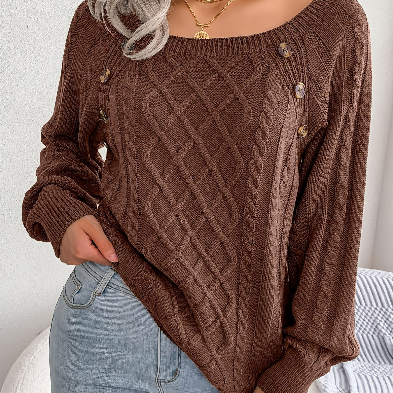 Texture Button Lantern Sleeve Sweater