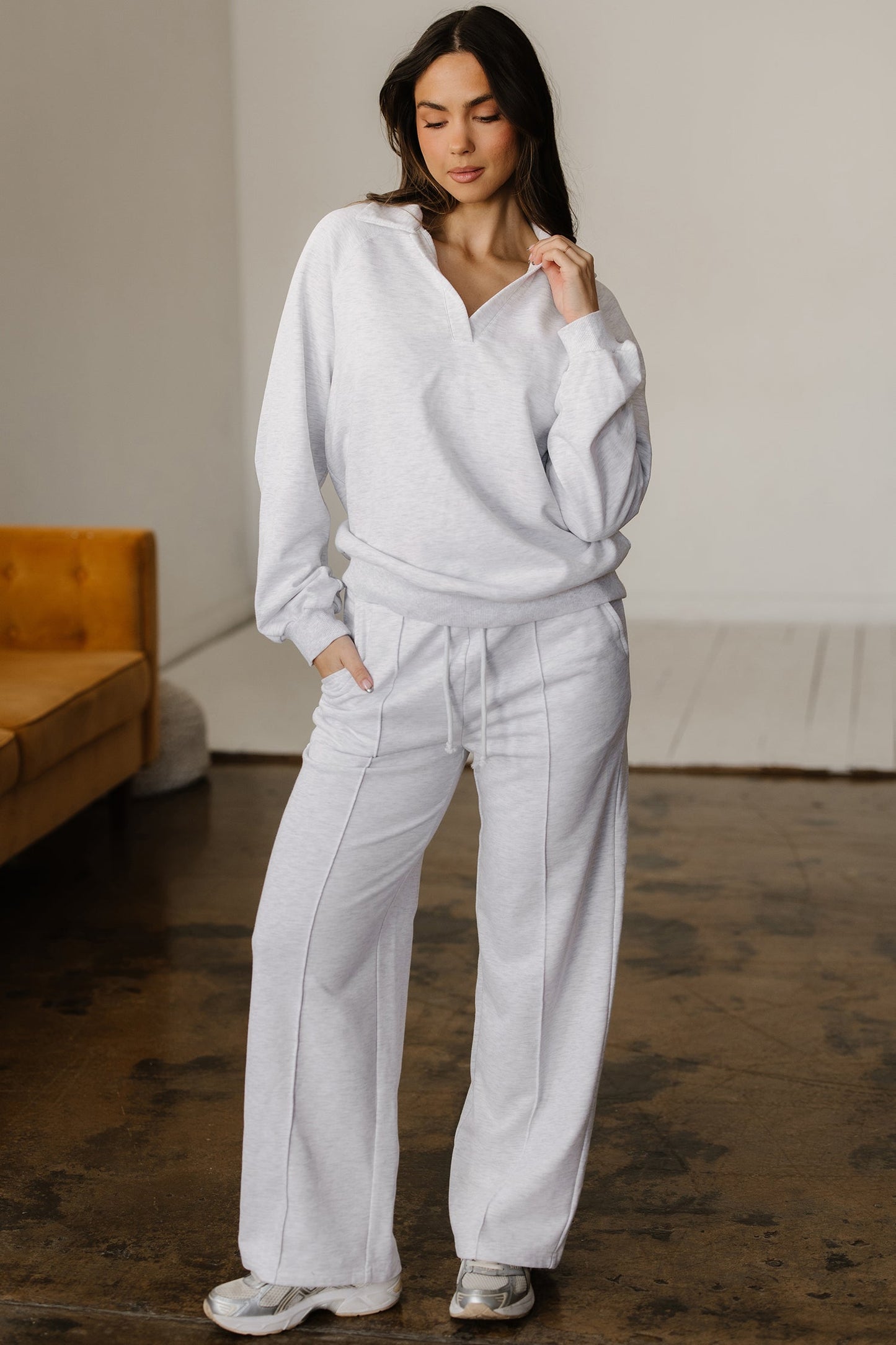 Solid V-Neck Pullover and Drawstring Sweatpants Set