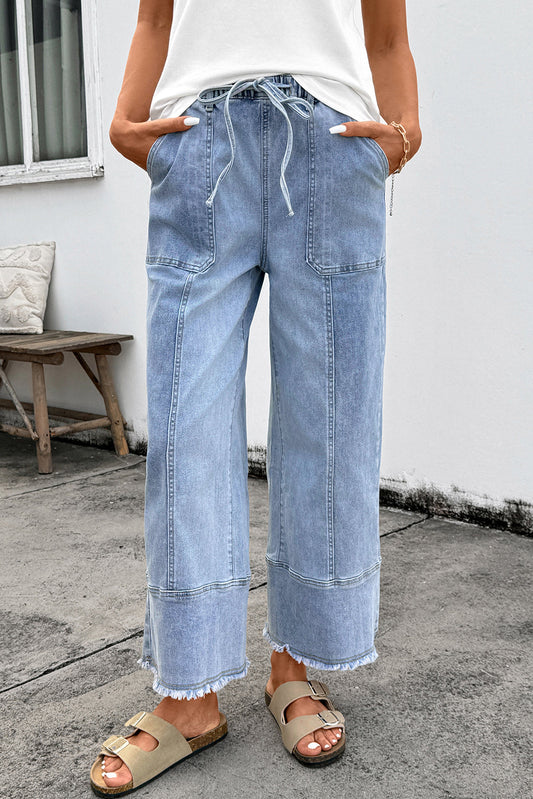 Denim Raw Hem Drawstring Wide Leg Pants