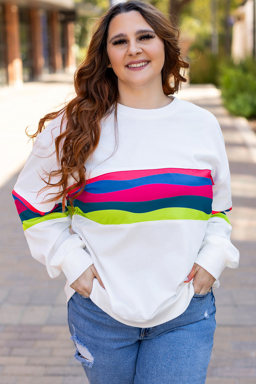 Plus Size Stripe Colorblock Drop Shoulder Sweatshirt