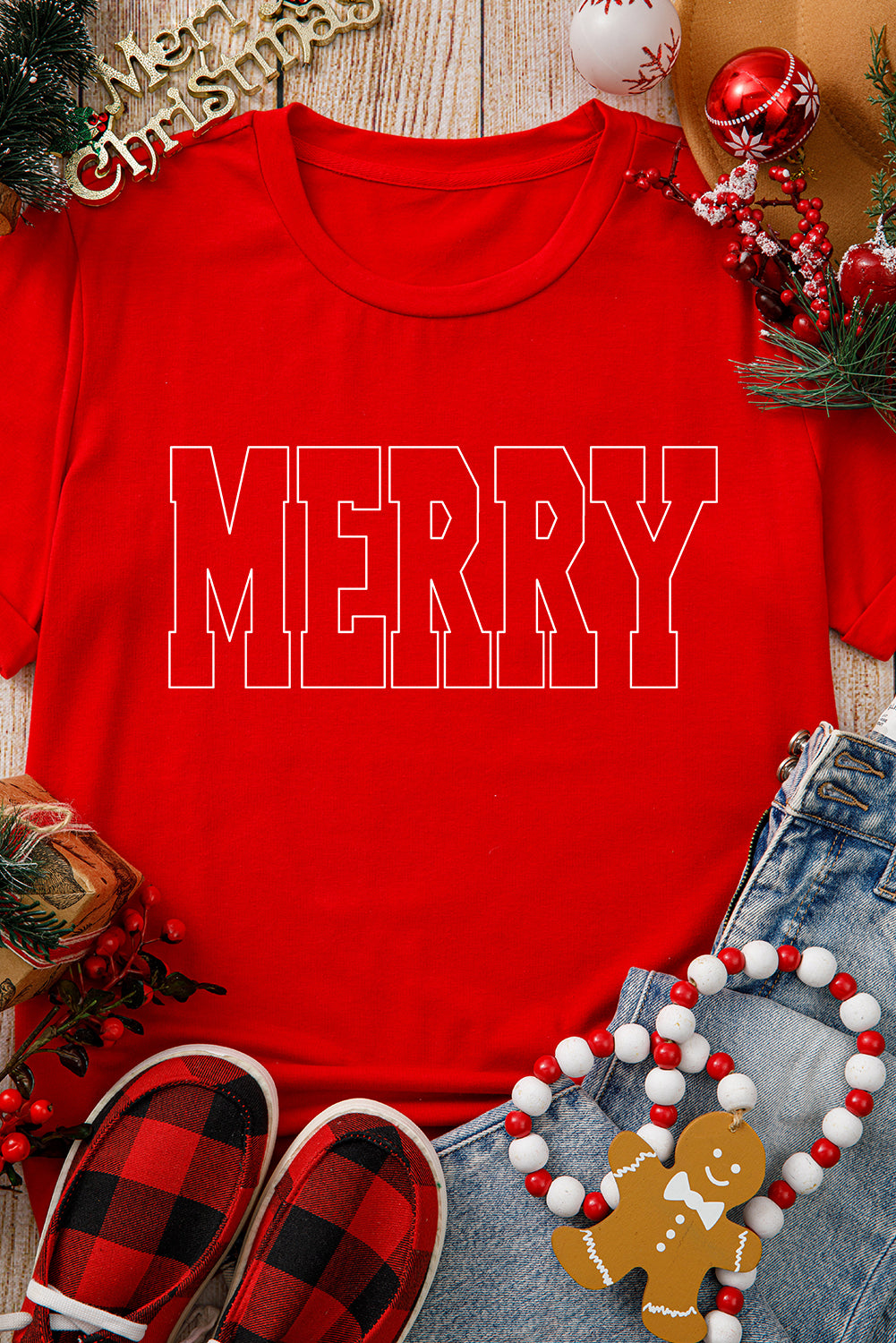 Red MERRY Transfer Vinyl Process Christmas Graphic Tee