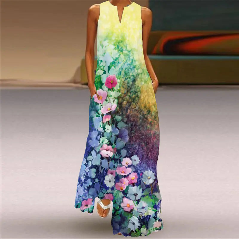 Summer Vintage Print Maxi Dress with V-Neck