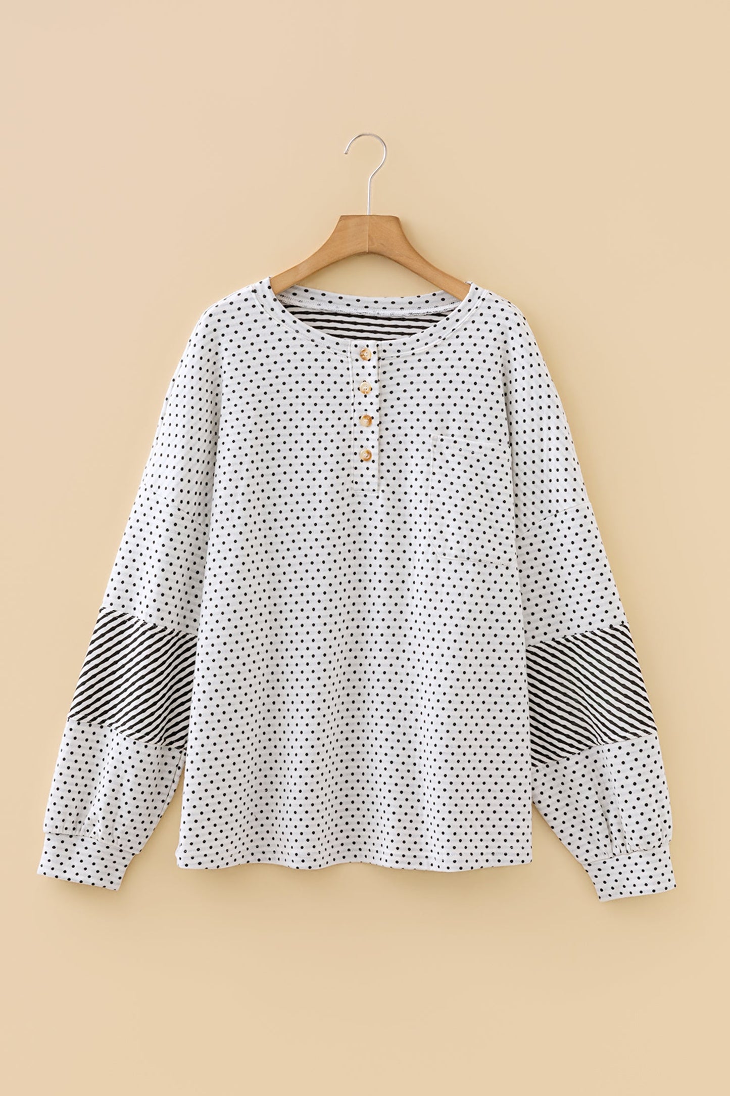 Plus Size Polka Dot Stripe Patchwork Henley Top