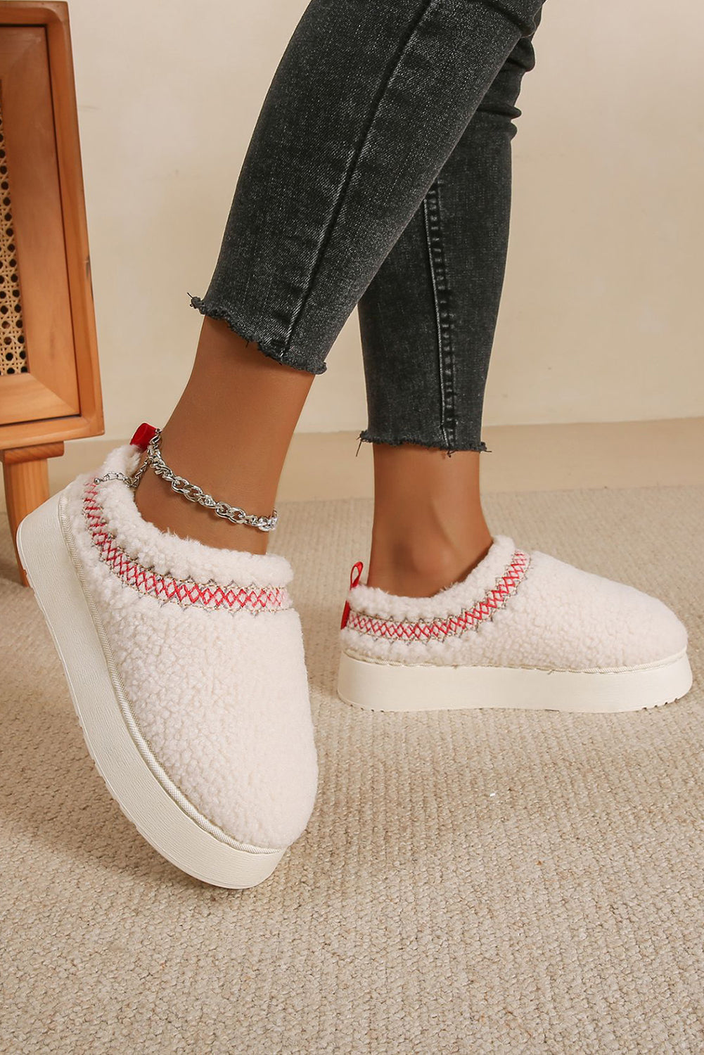 White Embroidered Sherpa Plush Thick Sole Winter Slippers