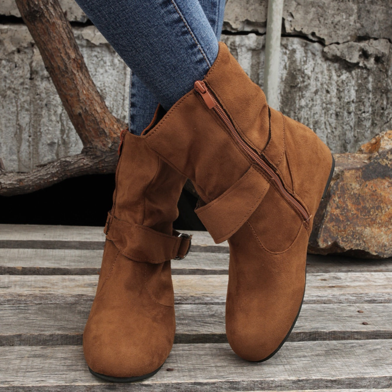 Ankle Boots Round Toe Buckle Belt Side Zipper Boots