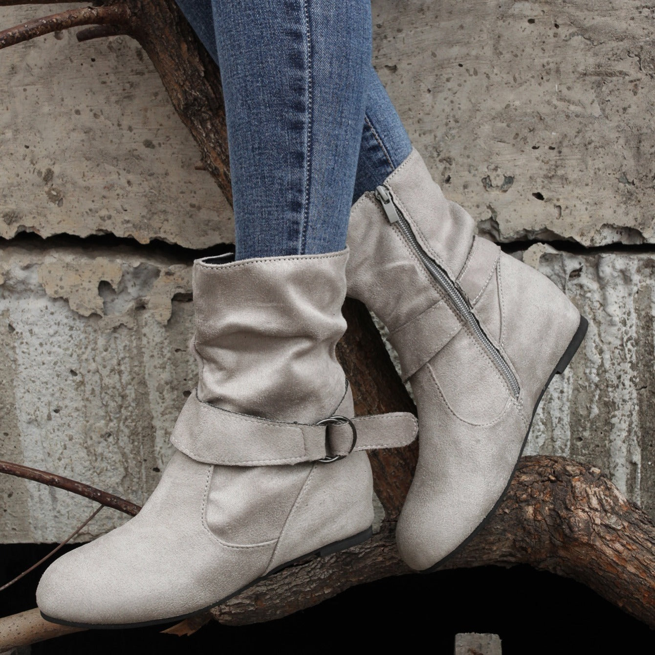 Ankle Boots Round Toe Buckle Belt Side Zipper Boots