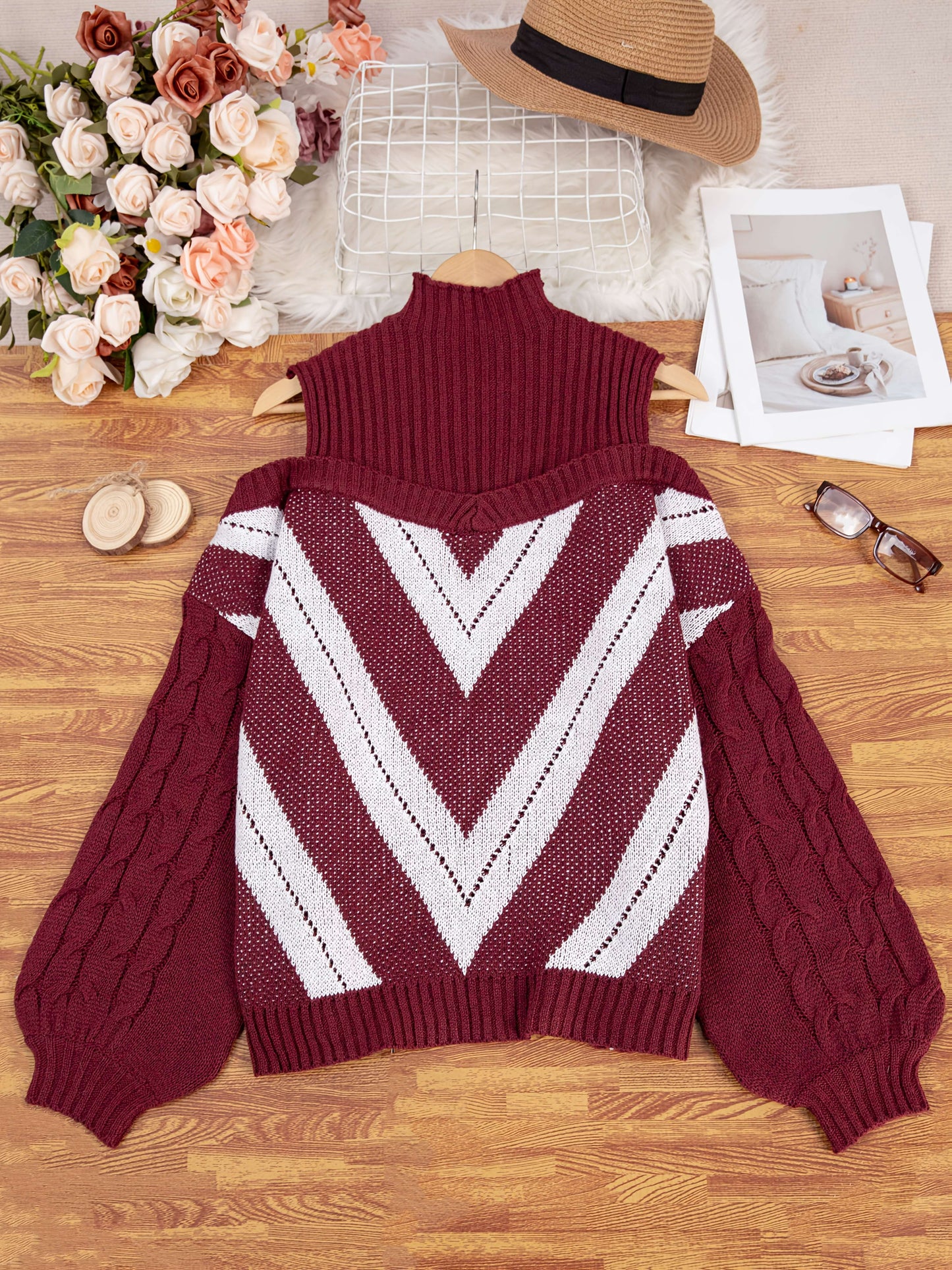 Elegant Plus Size Off Shoulder Striped Cable Knit Sweater