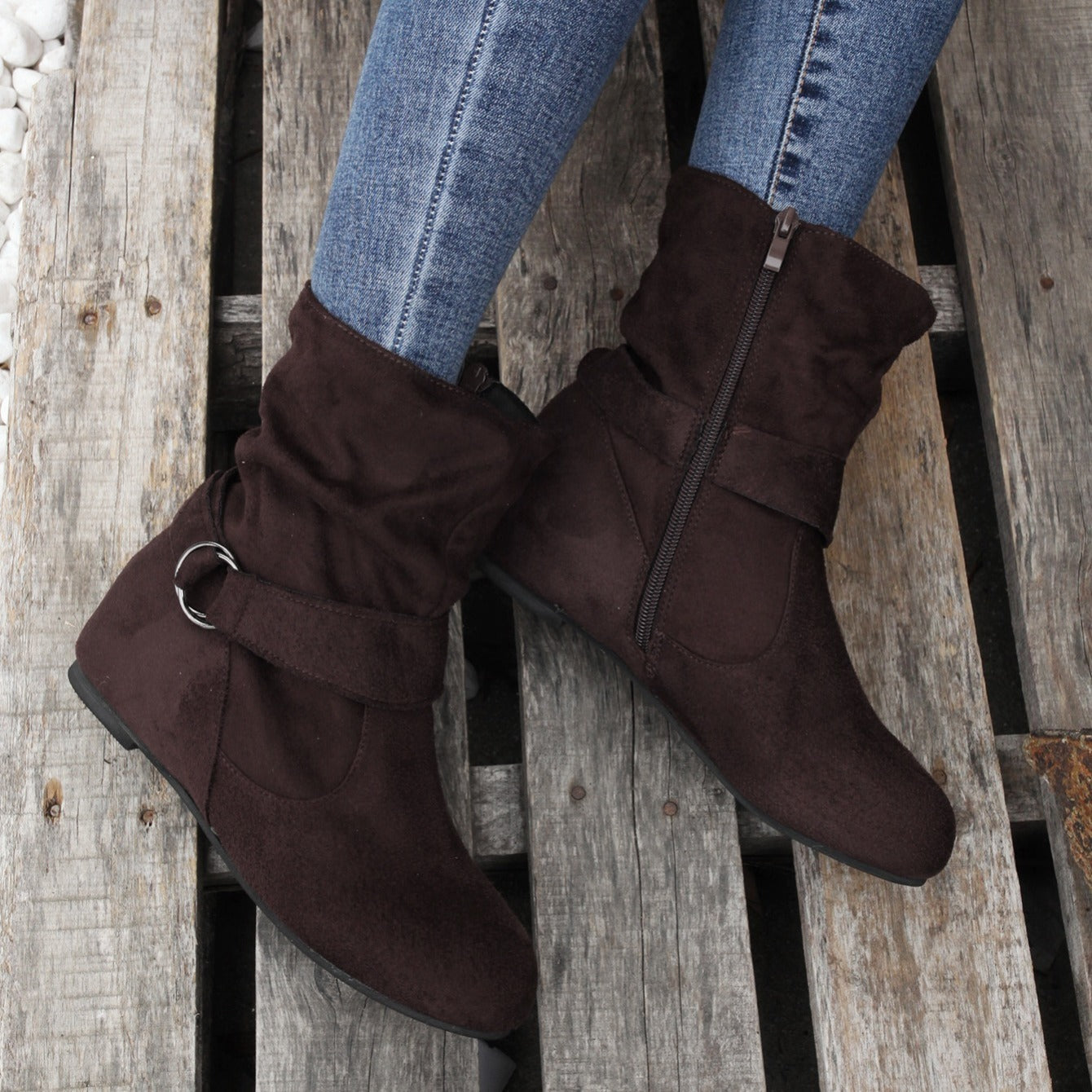 Ankle Boots Round Toe Buckle Belt Side Zipper Boots