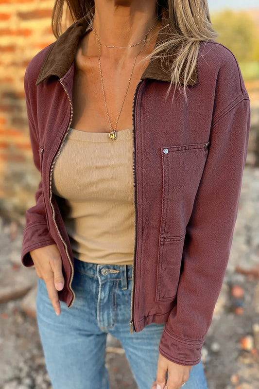 Corduroy Collar Zipped Front Denim Jacket