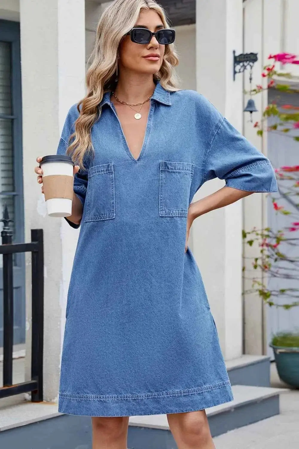 Johnny Collar Denim Dress - Half Sleeve Design