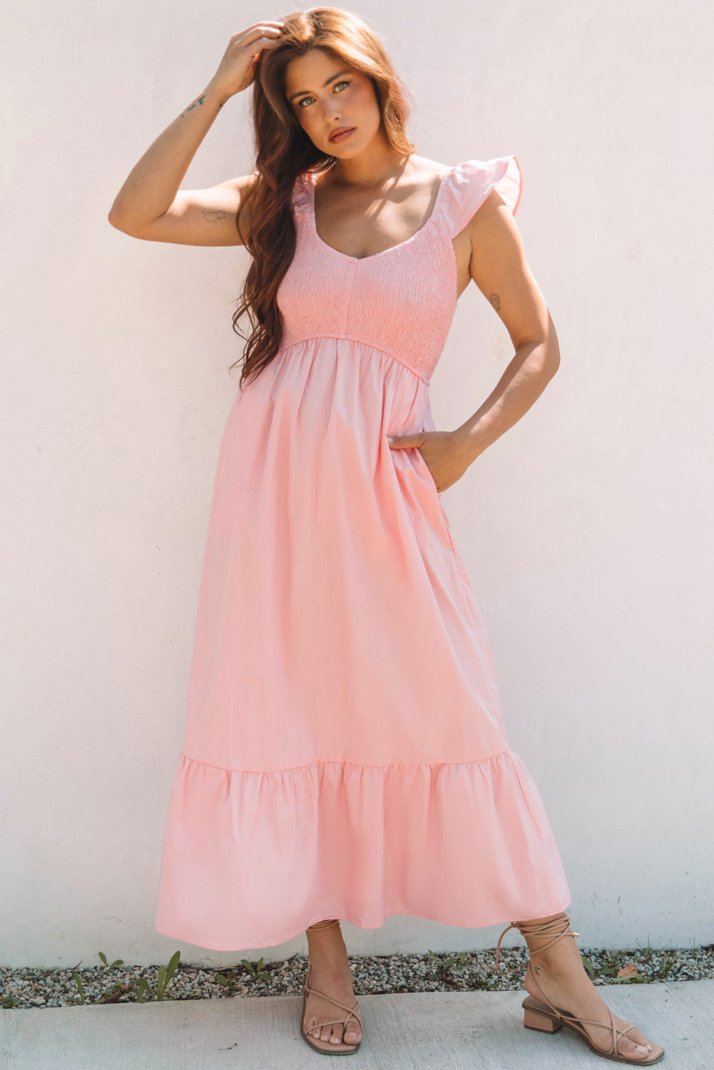 Solid V-Neck Flutter Sleeve Ruffle Maxi Dress
