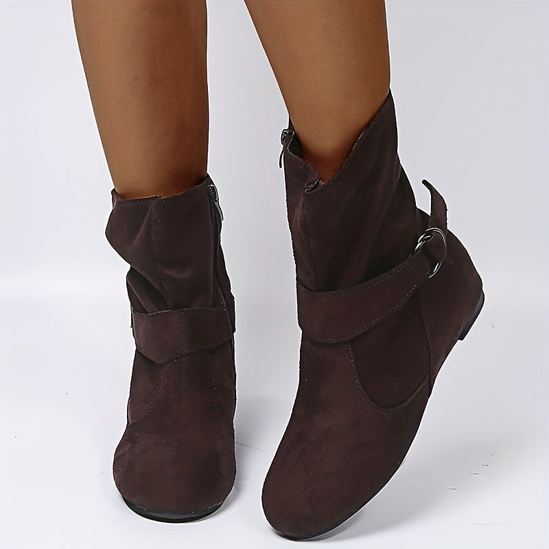 Ankle Boots Round Toe Buckle Belt Side Zipper Boots