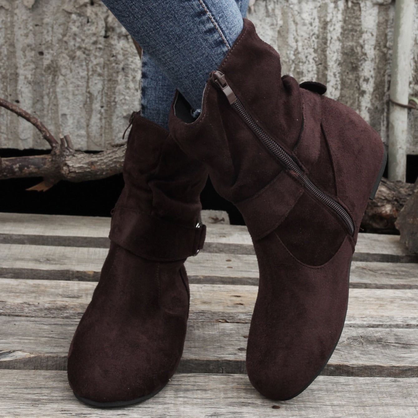 Ankle Boots Round Toe Buckle Belt Side Zipper Boots