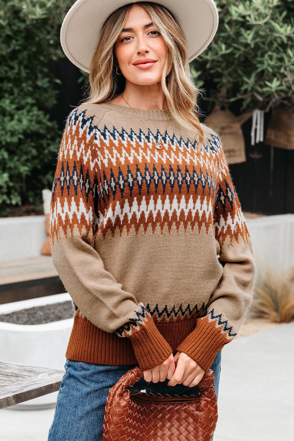 Western Aztec Geometric Colorblock Crewneck Sweater