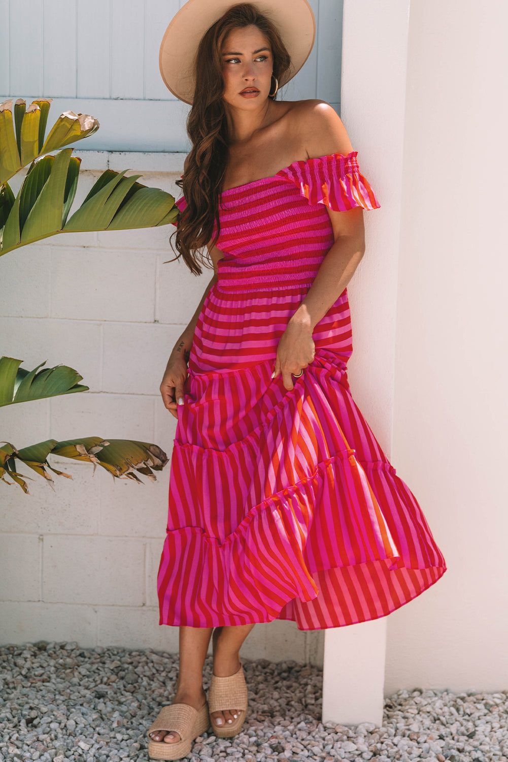 Stripe Smocked Bodice Flutter Sleeve Tiered Maxi Dress