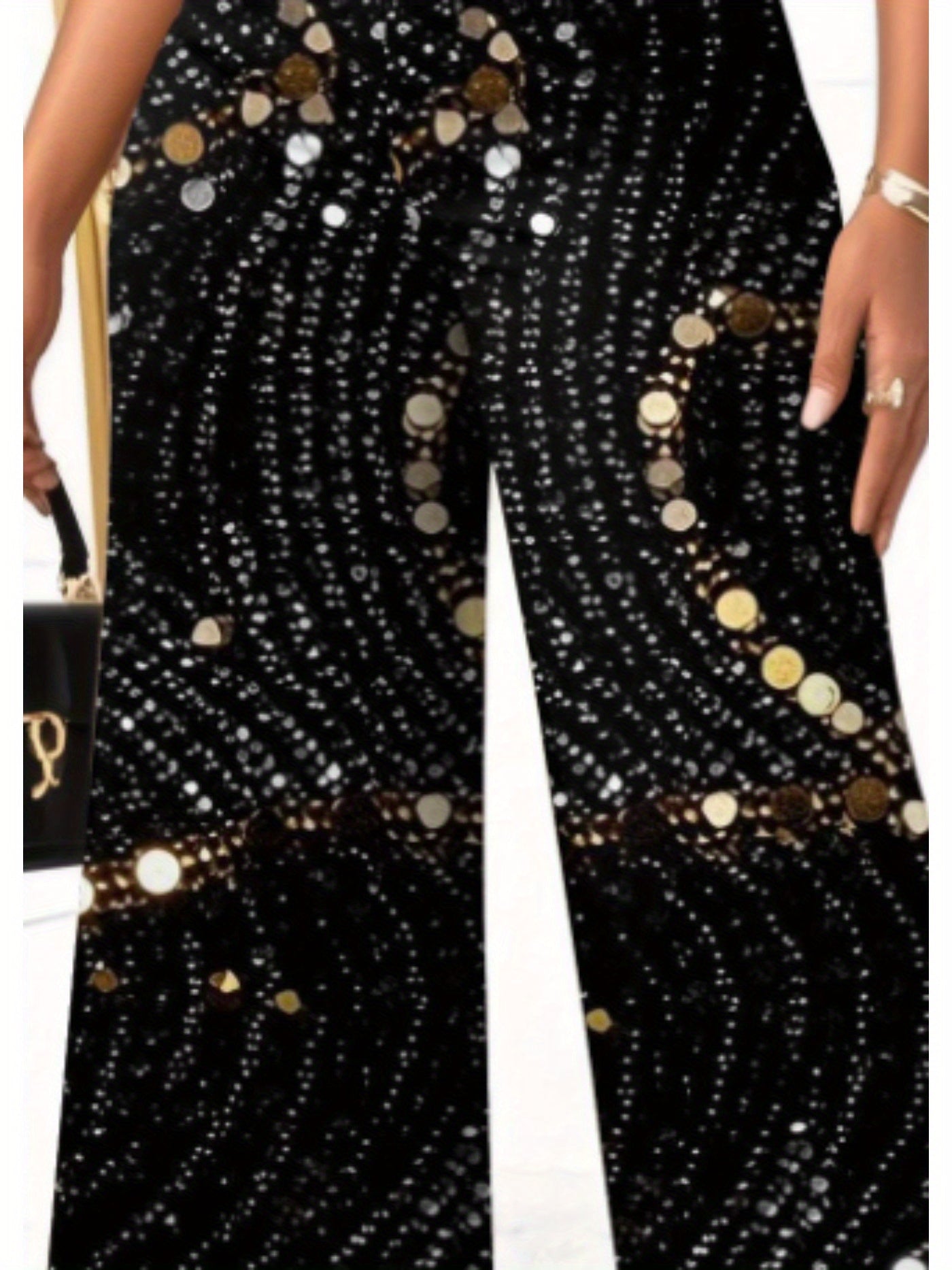 Elegant Plus Size Shiny Print Sleeveless Wide Leg Bodysuit