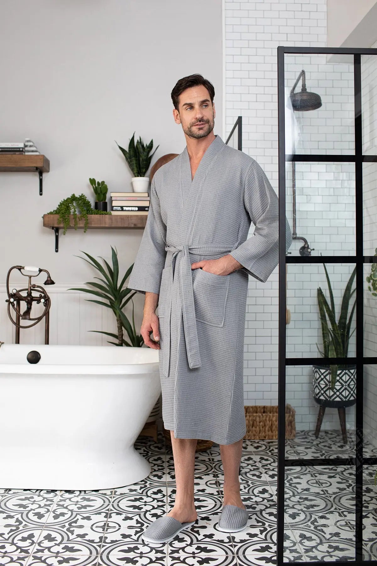 Waffle Kimono Spa Bathrobe for Men -  Absorbent, Lightweight