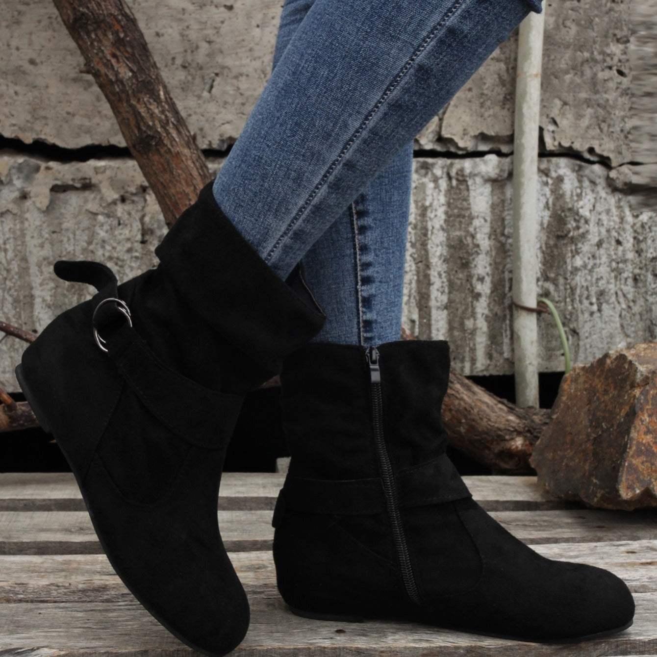 Ankle Boots Round Toe Buckle Belt Side Zipper Boots