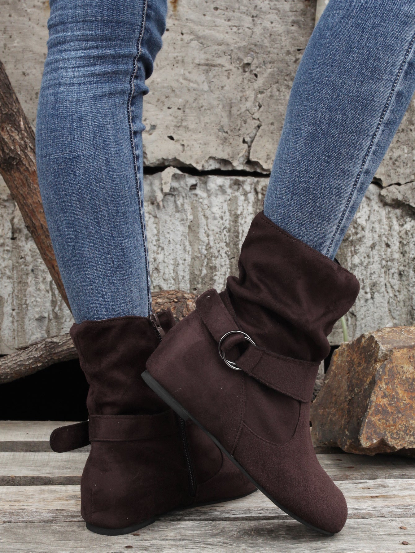 Ankle Boots Round Toe Buckle Belt Side Zipper Boots