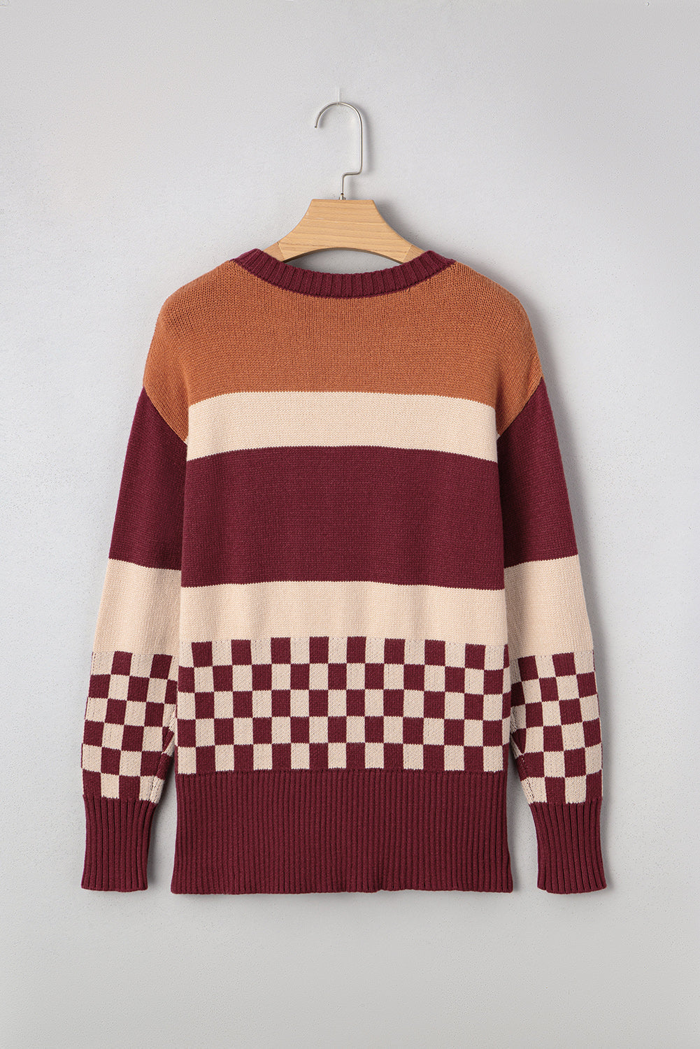 Checker Colorblock Knitted Drop Shoulder Sweater