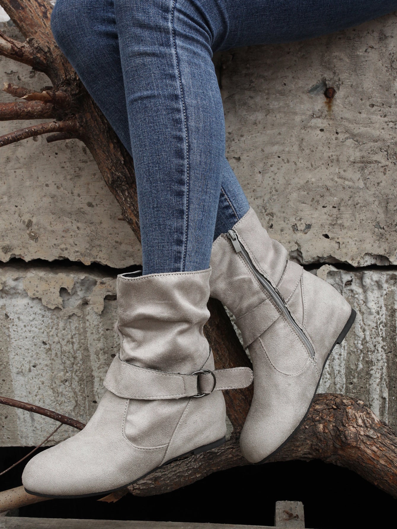 Ankle Boots Round Toe Buckle Belt Side Zipper Boots