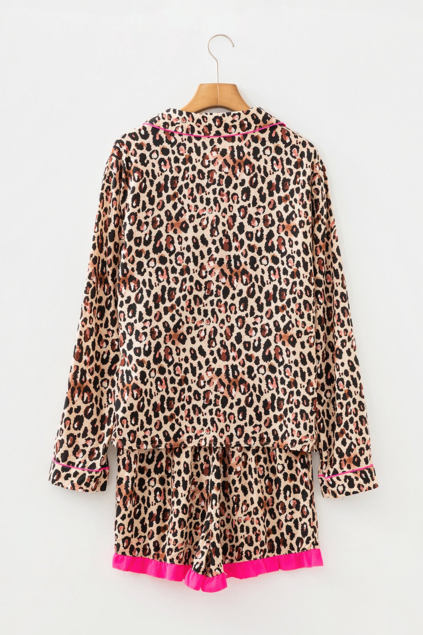 Leopard Contrast Trim Shirt and Ruffle Hem Short Set