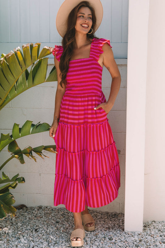 Stripe Smocked Bodice Flutter Sleeve Tiered Maxi Dress