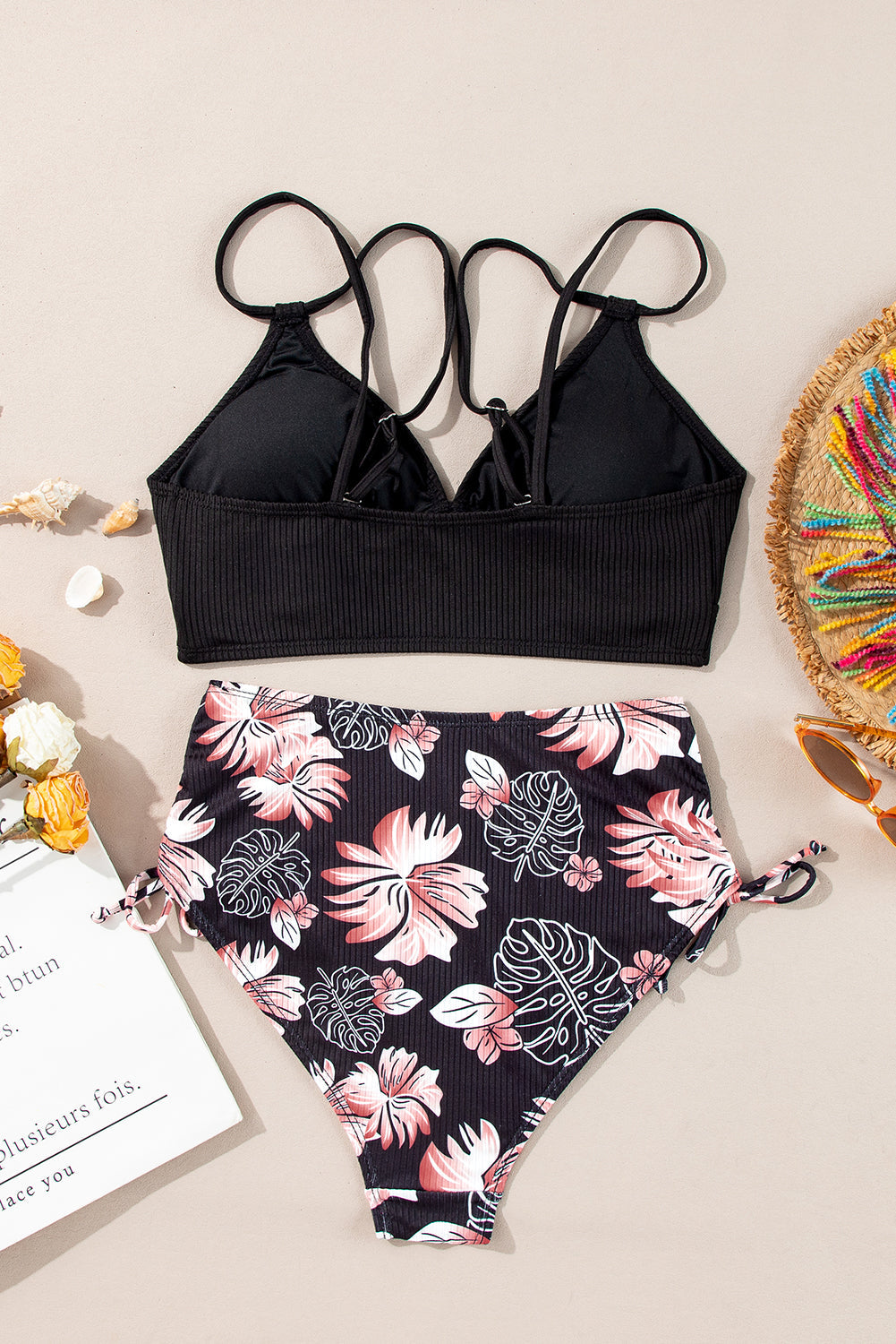 Tropical Colorblock Ribbed High Waist Bikini Swimsuit