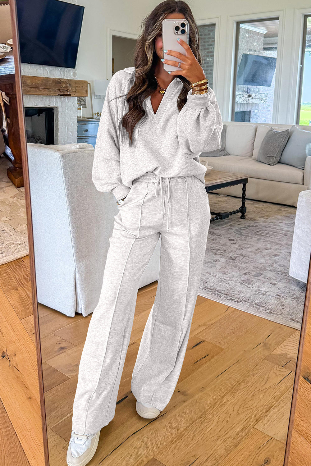 Solid V-Neck Pullover and Drawstring Sweatpants Set