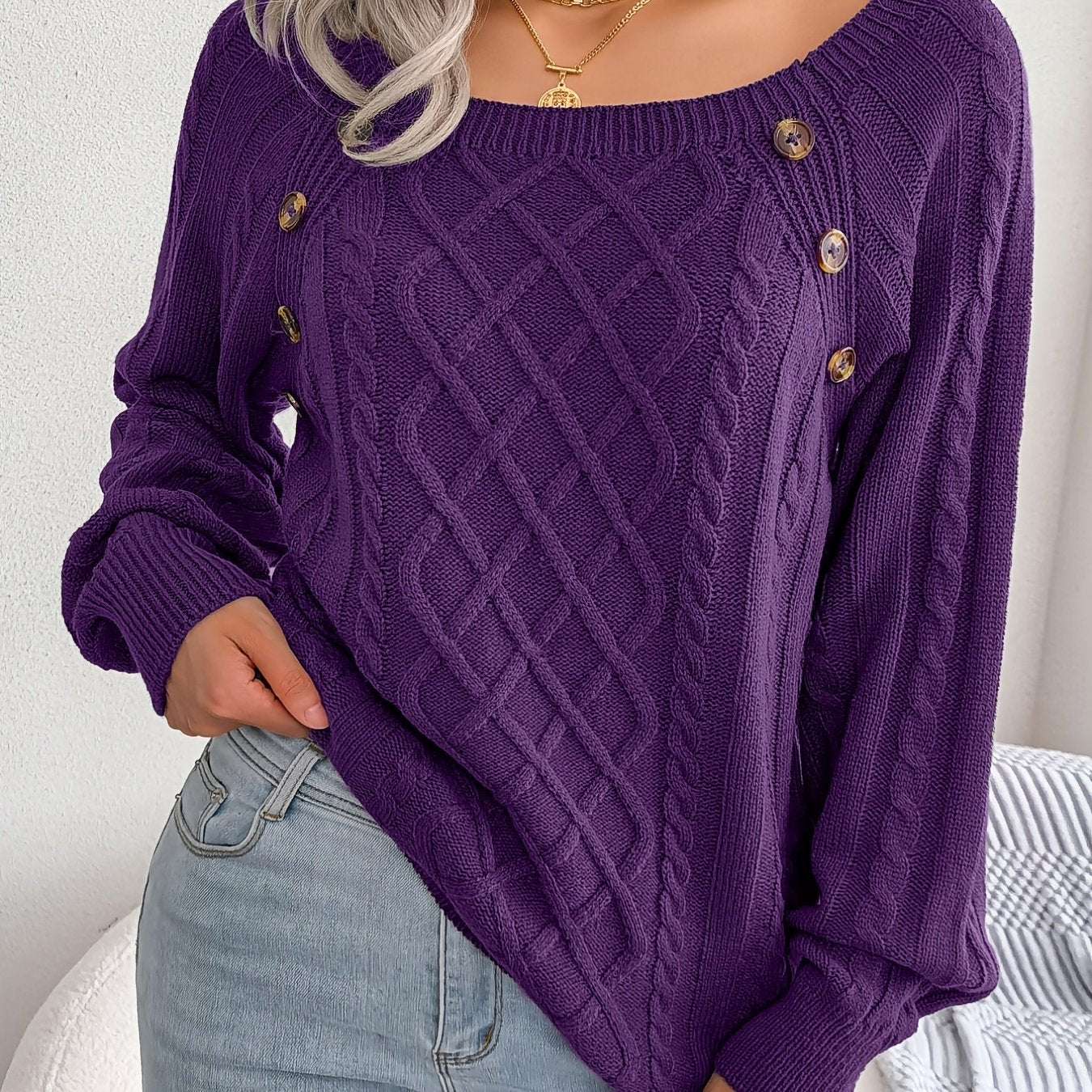 Texture Button Lantern Sleeve Sweater