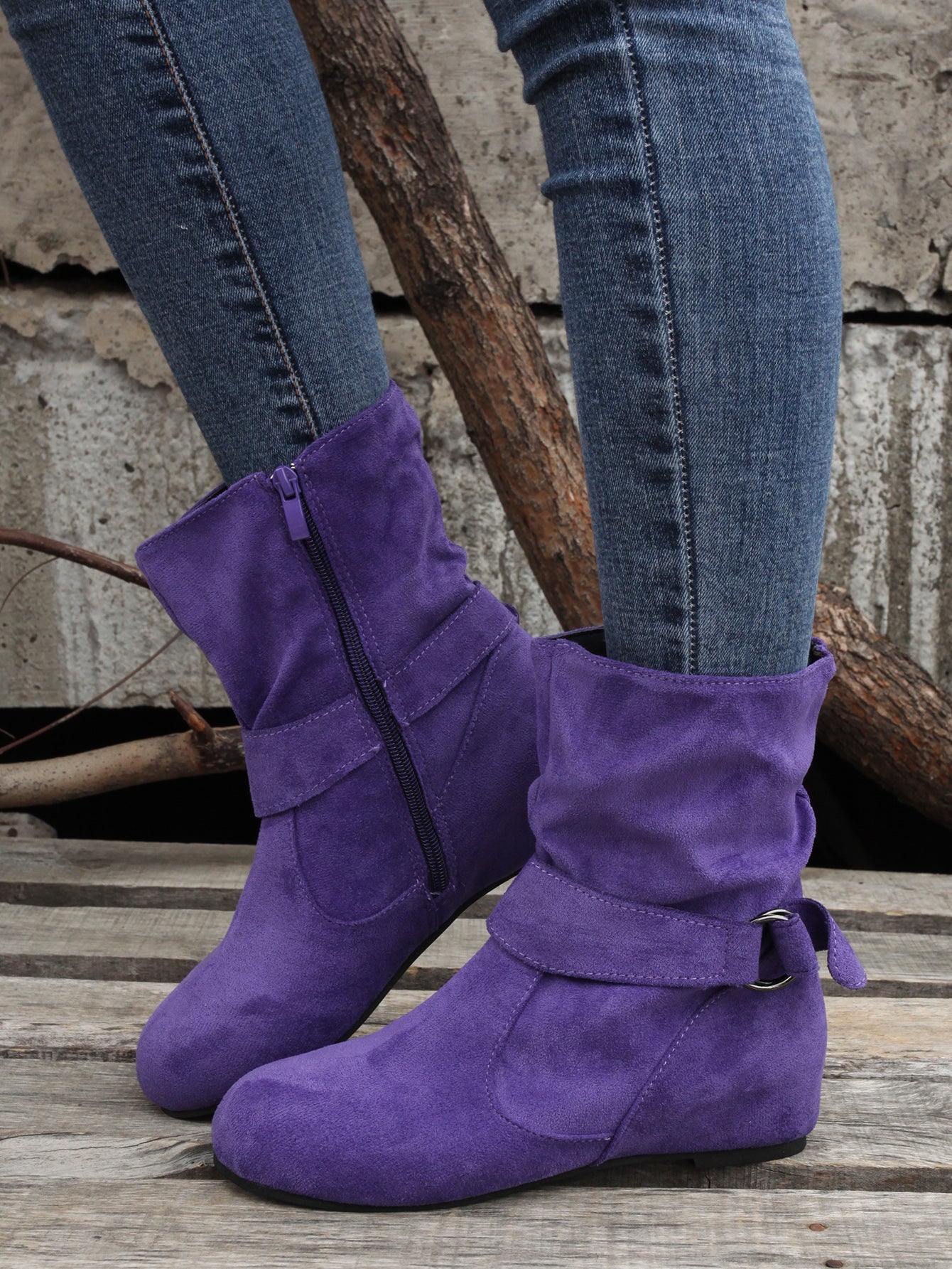 Ankle Boots Round Toe Buckle Belt Side Zipper Boots