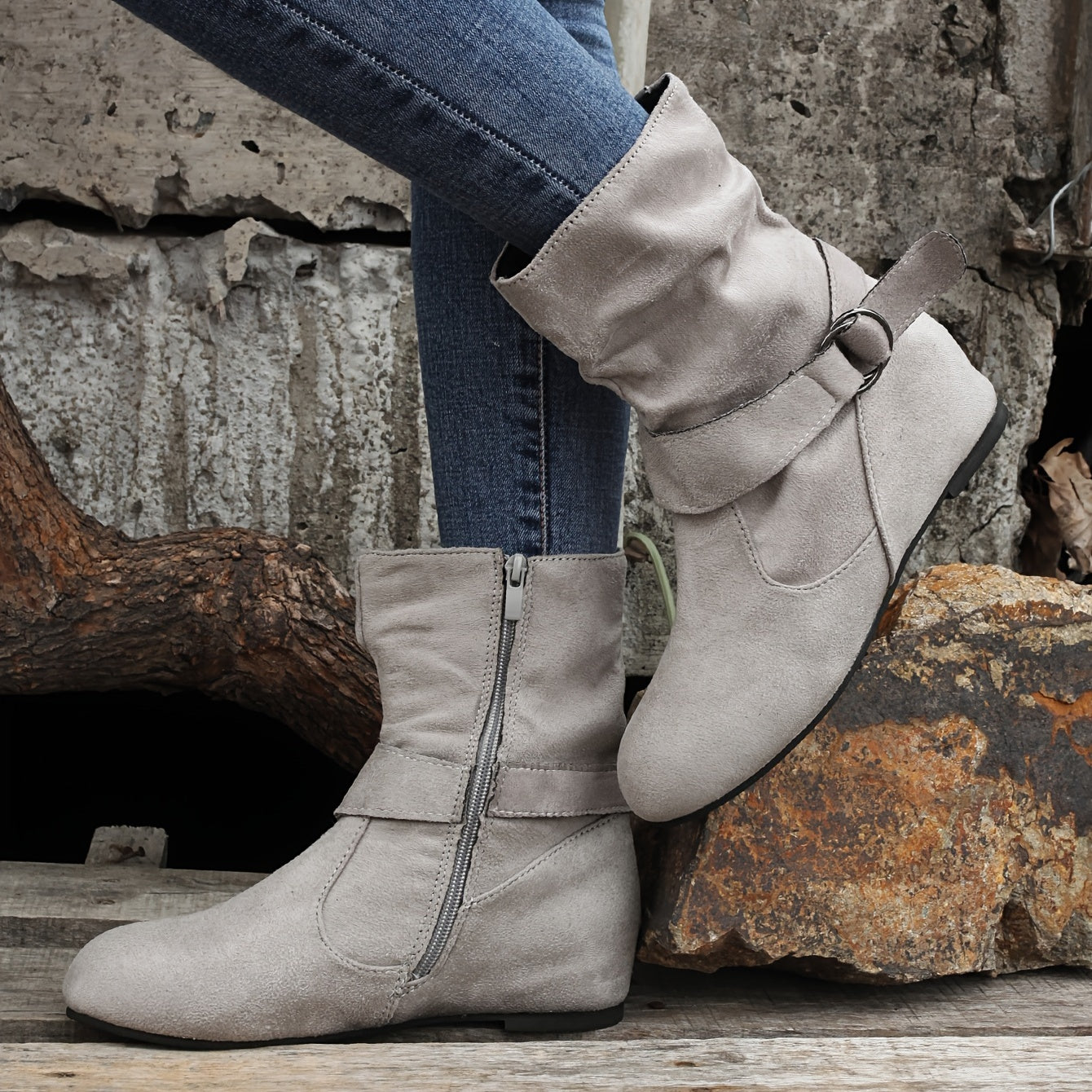 Ankle Boots Round Toe Buckle Belt Side Zipper Boots