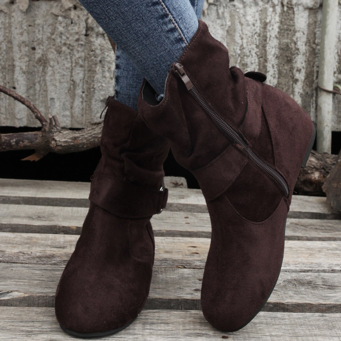 Ankle Boots Round Toe Buckle Belt Side Zipper Boots