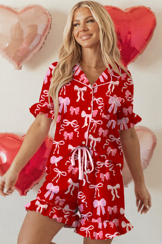 Valentine Bow Ruffle Shirt and Shorts Pajama Set