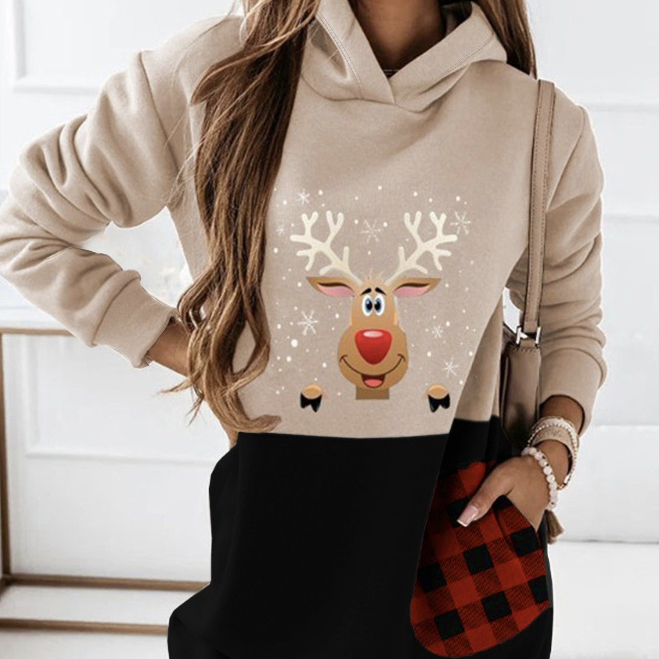 Women’s Deer & Plaid Hooded Sweatshirt Dress