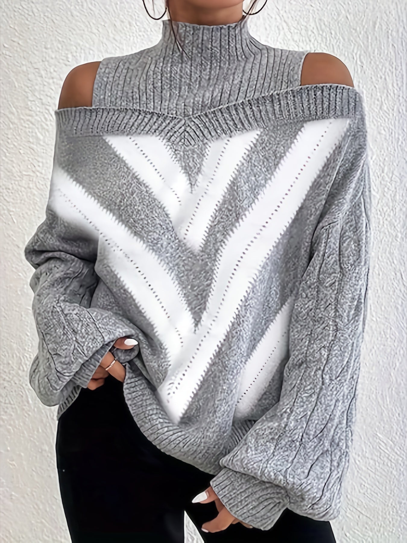 Elegant Plus Size Off Shoulder Striped Cable Knit Sweater