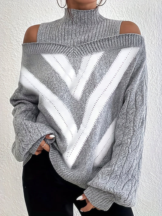 Elegant Plus Size Off Shoulder Striped Cable Knit Sweater