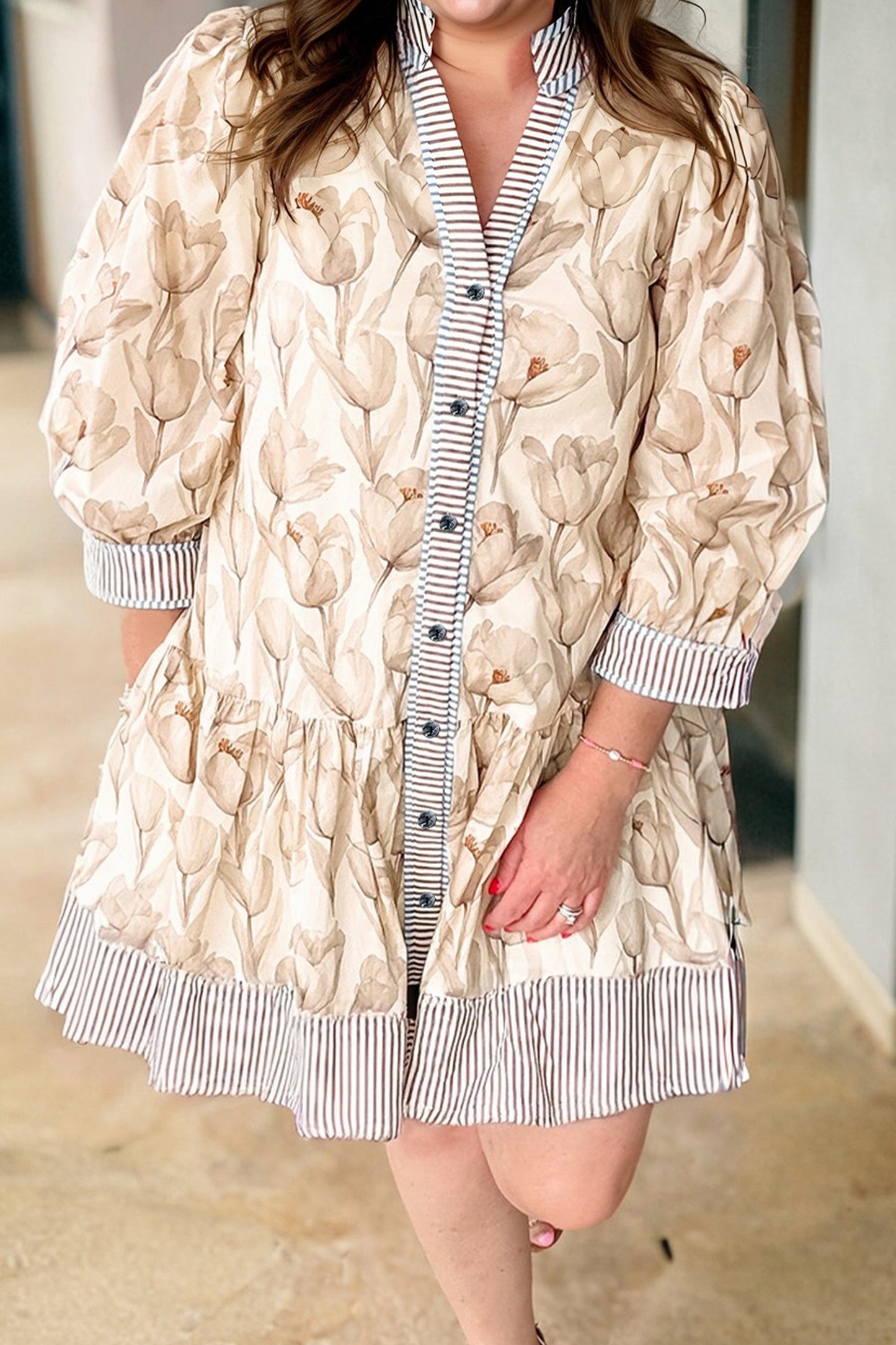 Plus Size Floral Stripe Trim Patchwork Button-Up Dress