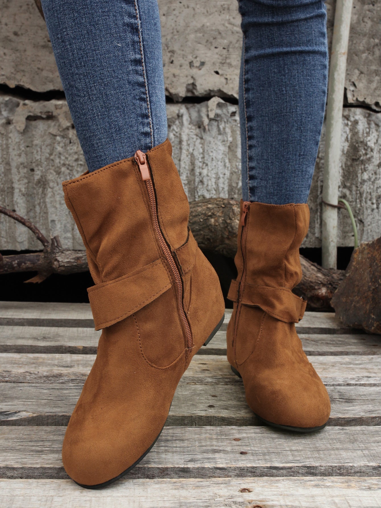 Ankle Boots Round Toe Buckle Belt Side Zipper Boots