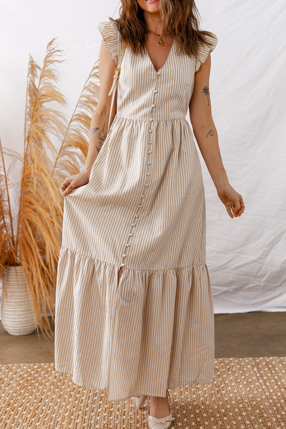 Stripe Flutter Sleeve Buttoned V-Neck Maxi Dress
