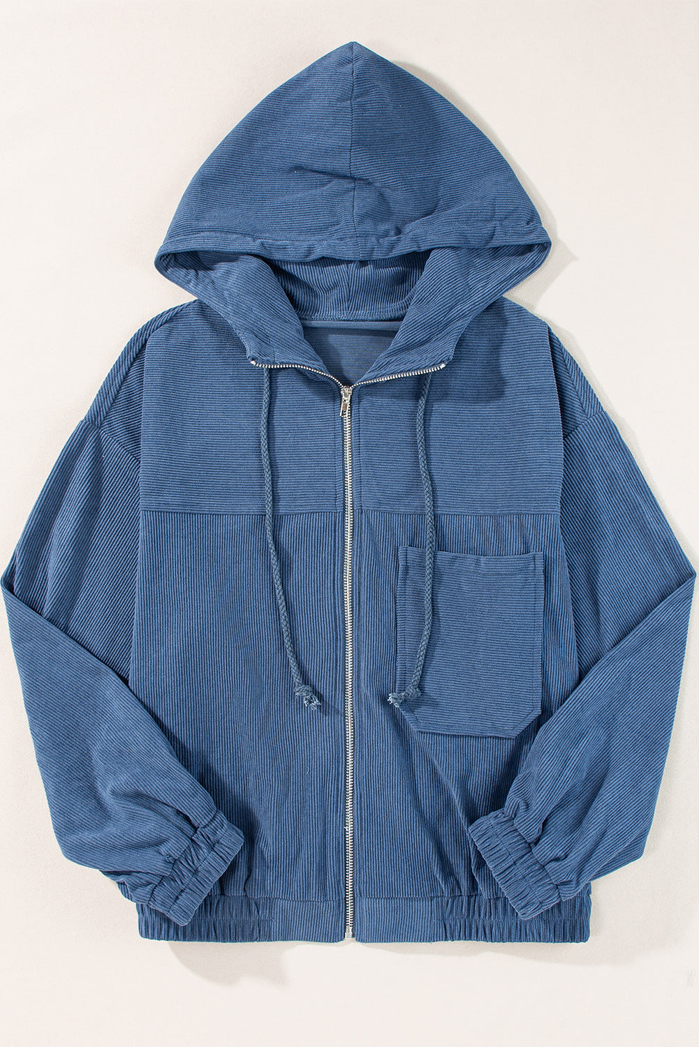 Solid Corduroy Zip-Up Pocketed Hooded Jacket