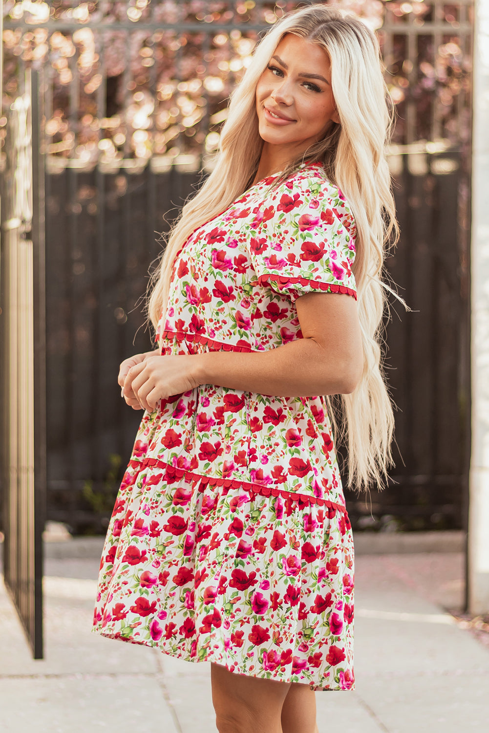 Floral Ricrac Puff Sleeve Pocketed Tiered Mini Dress