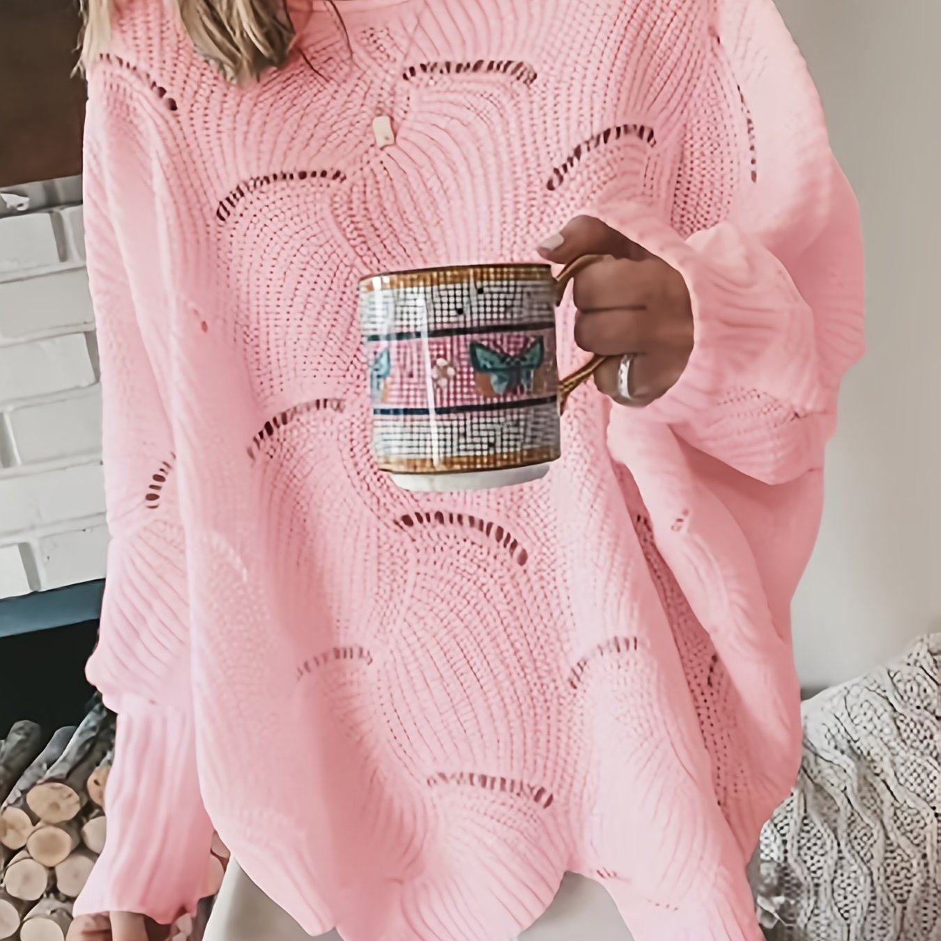 Plus Size Cozy Hollow Knit Crew Neck Sweater