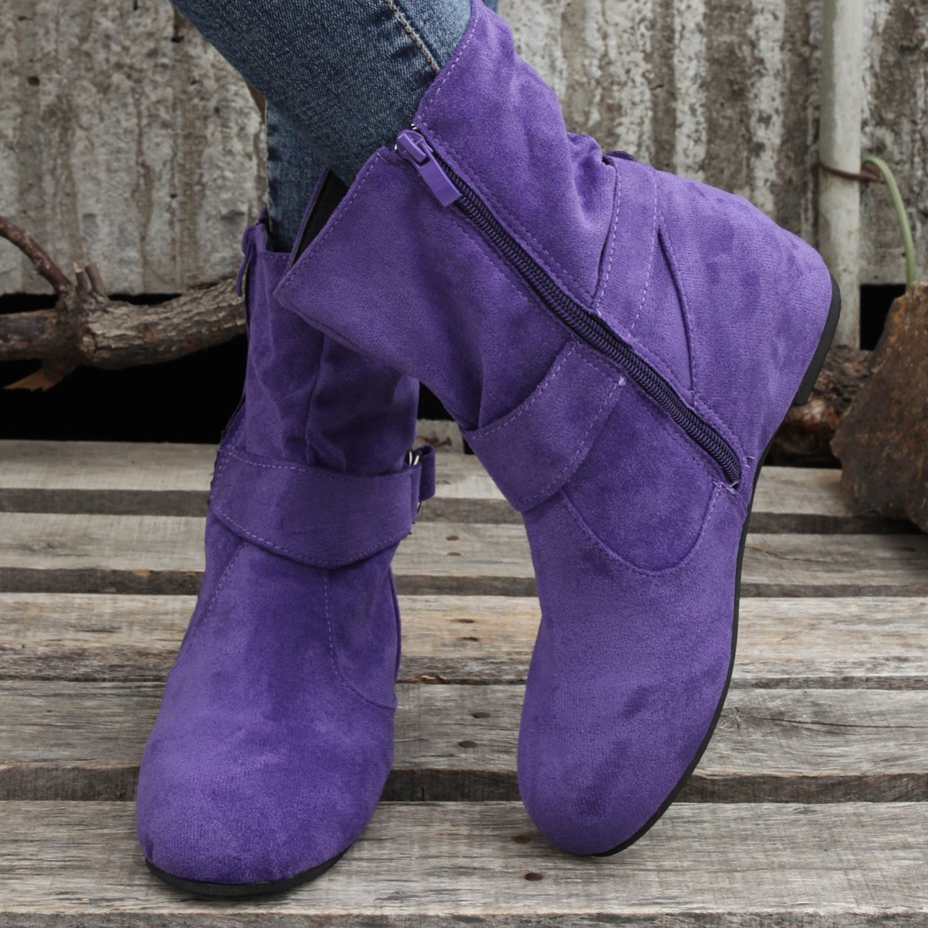 Ankle Boots Round Toe Buckle Belt Side Zipper Boots