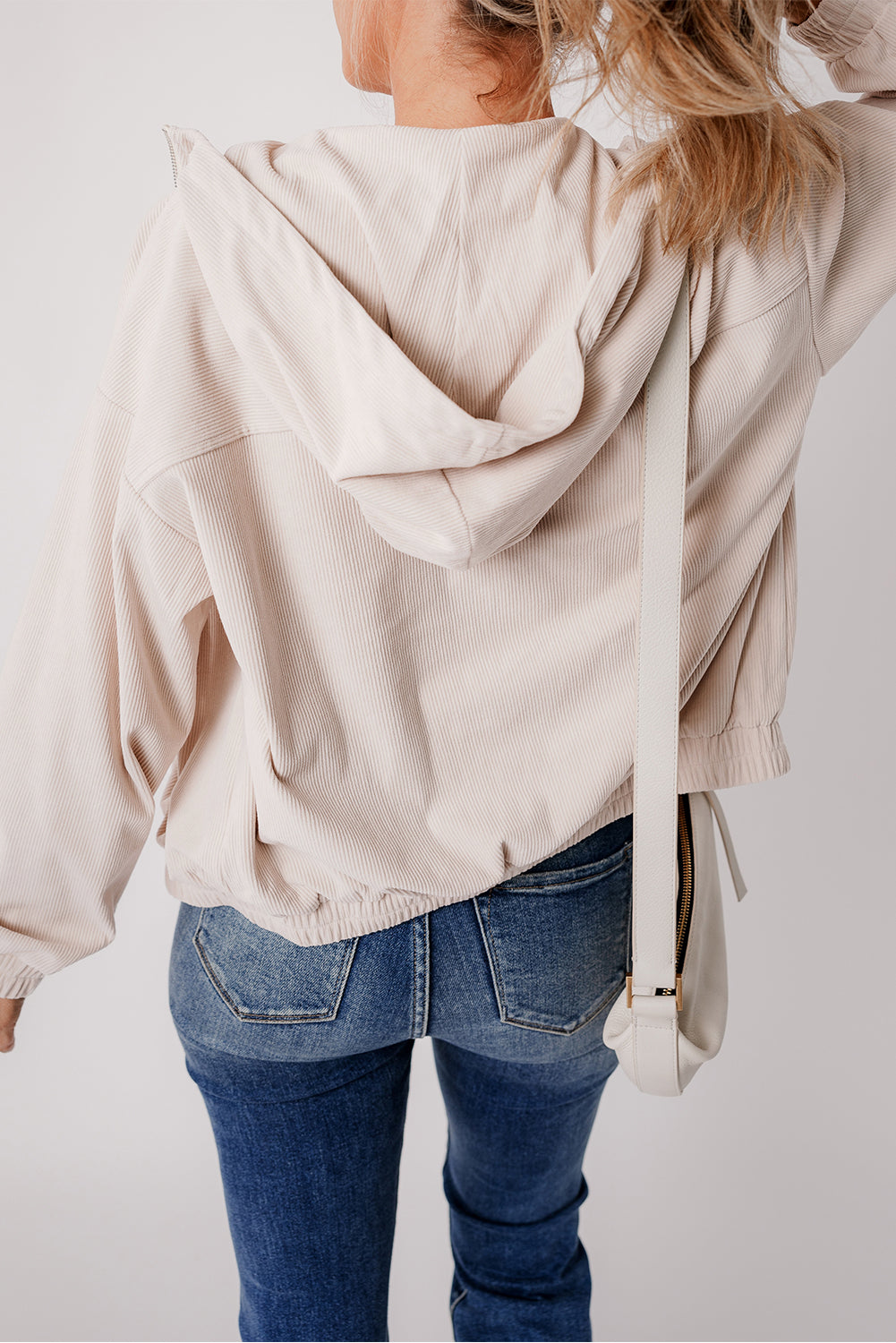 Solid Corduroy Zip-Up Pocketed Hooded Jacket