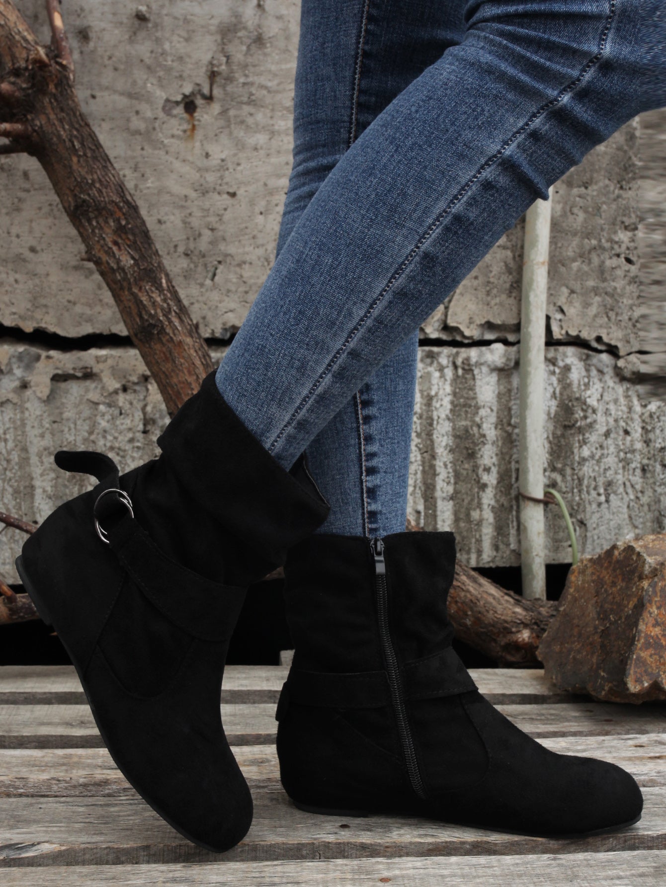 Ankle Boots Round Toe Buckle Belt Side Zipper Boots