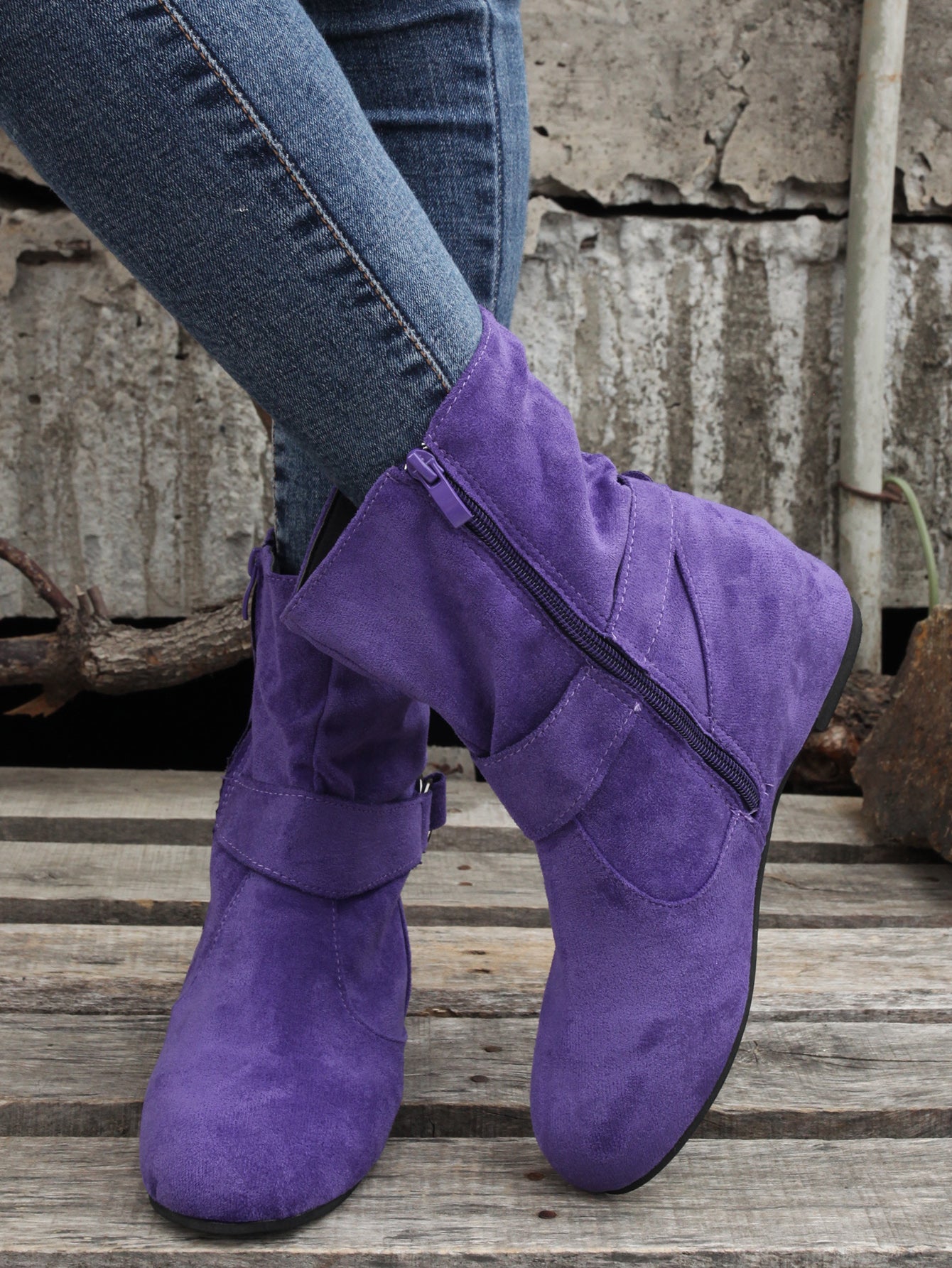 Ankle Boots Round Toe Buckle Belt Side Zipper Boots