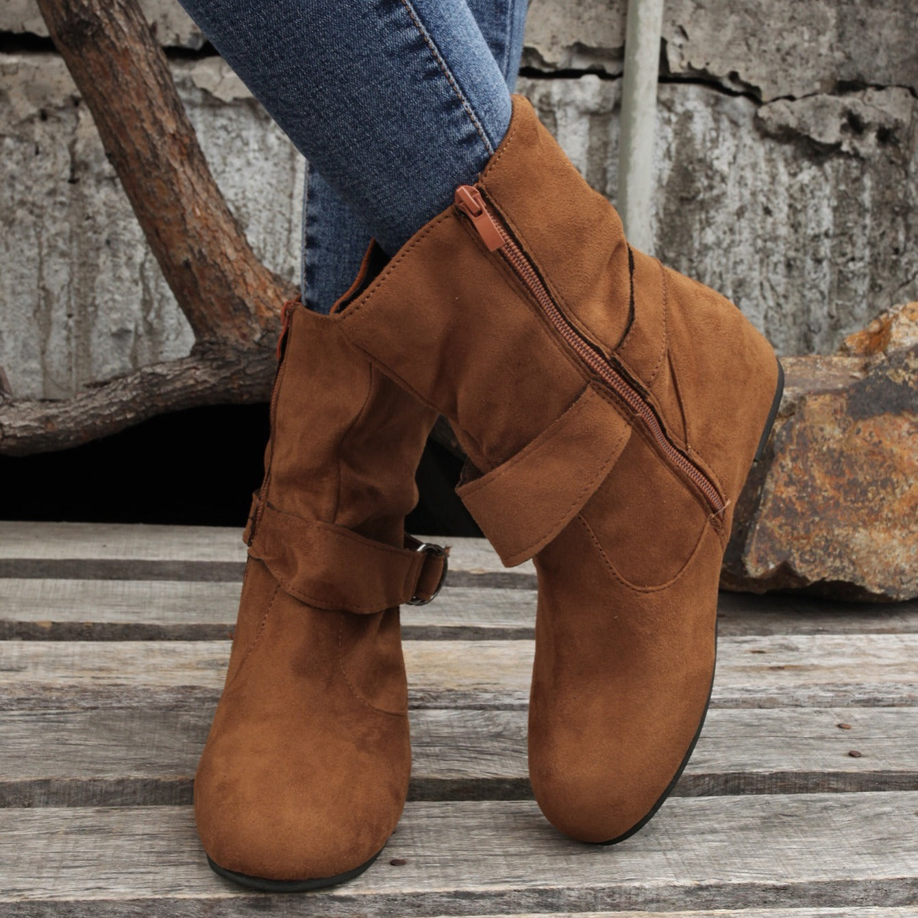 Ankle Boots Round Toe Buckle Belt Side Zipper Boots